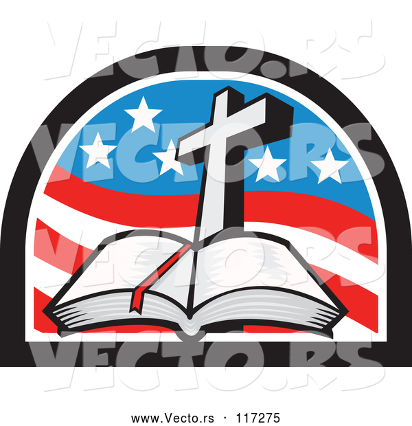 Vector of a Christian Cross and Open Bible in an American Flag Arch