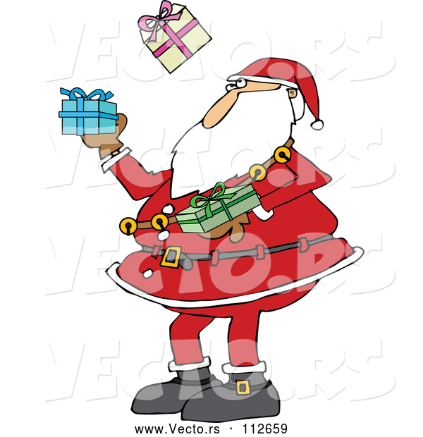 Vector of a Christmas Cartoon Santa Claus Juggling Wrapped Gifts