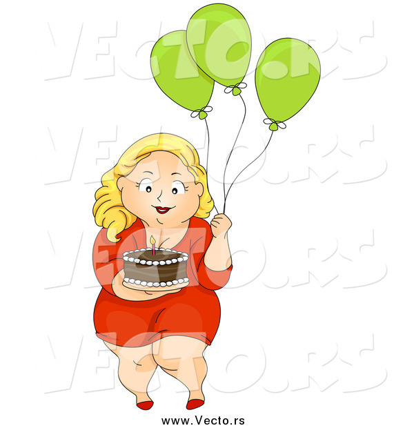 Vector of a Chubby Blond Woman Carrying a Birthday Cake and Balloons
