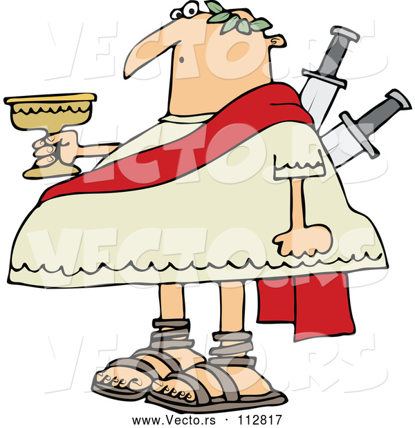 Vector of a Chubby Cartoon Julius Caesar Holding a Goblet, with Knives Stabbed in His Back