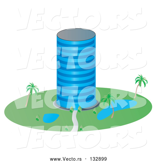 Vector of a Circular Building with Ponds and Palm Trees in the Landscape