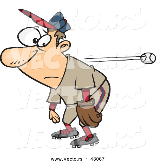 Vector of a Clueless Cartoon Baseball Player with a Glove Standing Still While Watching the Ball Pass by Him