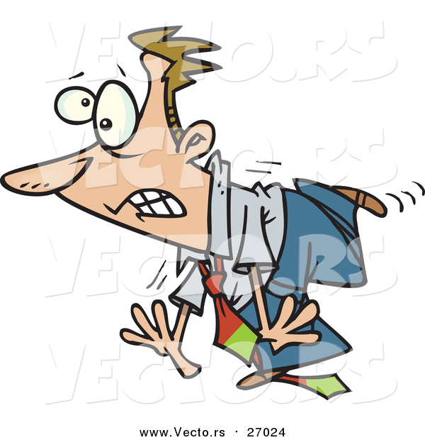 Vector of a Clumsy Cartoon White Businessman Tripping on His Own Tie