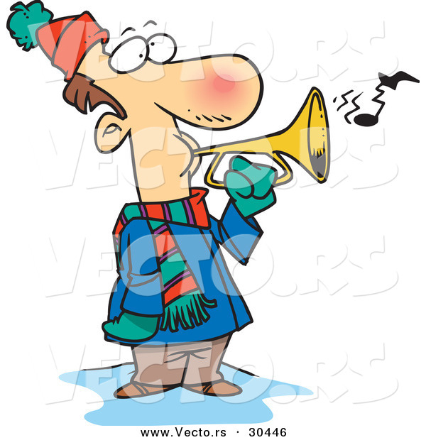 Vector of a Cold Cartoon Man Playing a Horn Outside in Winter Weather