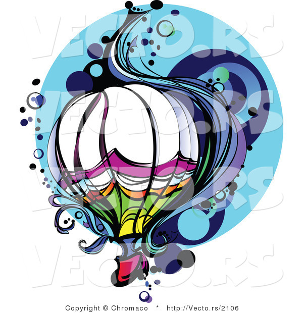 Vector of a Colorful Hot Air Balloon in Flight with Wind and Bubbles over Blue Background