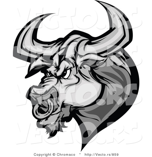 Vector of a Competitive Bull Mascot Ready to Charge with Nose Ring and Sharp Horns - Grayscale Cartoon