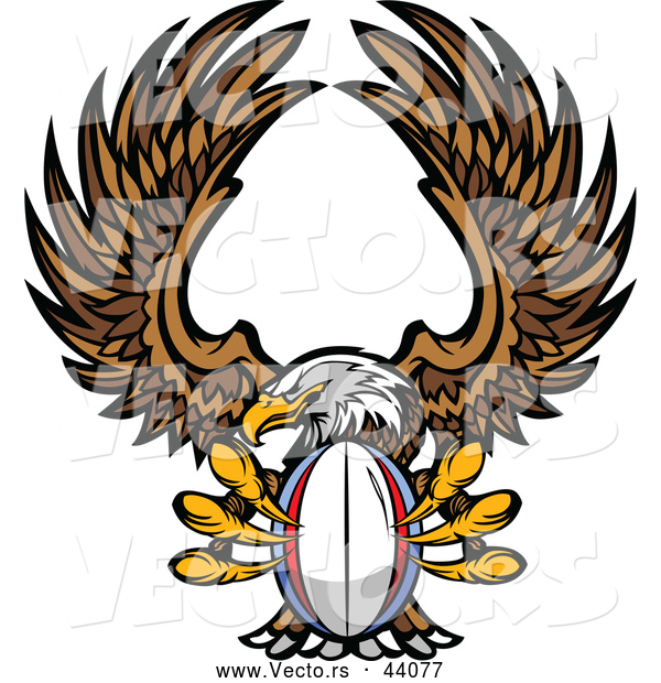 Vector of a Competitive Cartoon Bald Eagle Mascot Flying with a Rugby Ball in Its Talons