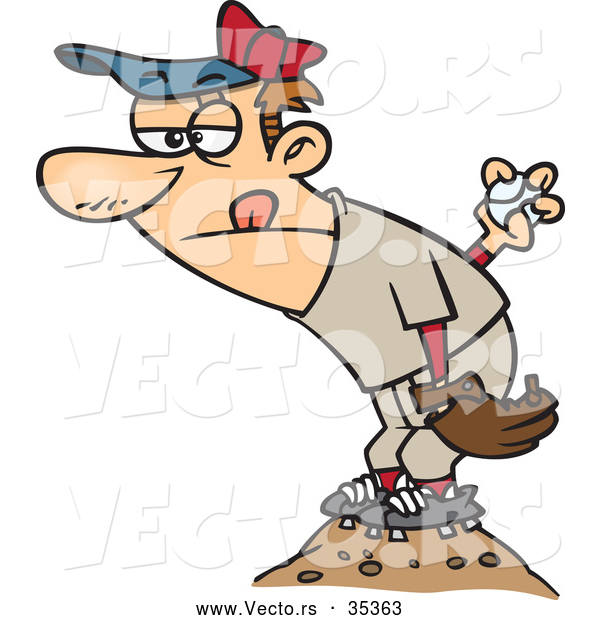 Vector of a Competitive Cartoon Baseball Pitcher on the Mound Getting Reading to Throw the Ball