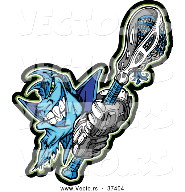 Vector of a Competitive Cartoon Demon Lacrosse Mascot Holding a Stick While Looking Fearsome