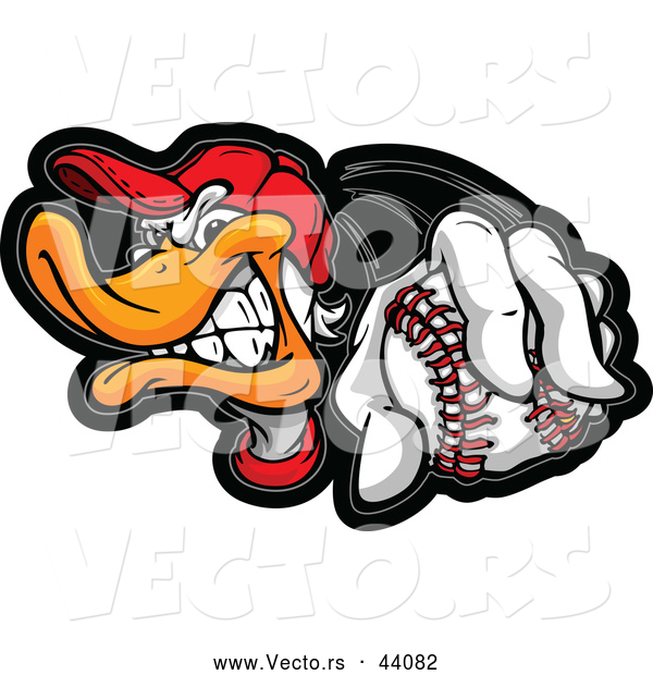 Vector of a Competitive Cartoon Duck Holding out a Baseball While Grinning