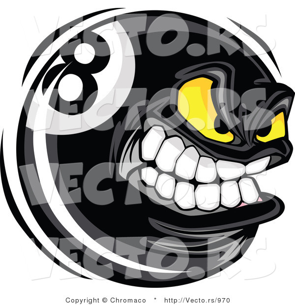 Vector of a Competitive Cartoon Eight Ball Mascot Grinning with Intimidating Yellow Eyes