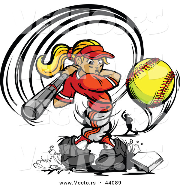 Vector of a Competitive Cartoon Female Baseball Player Swinging Bat and Hitting a Softball