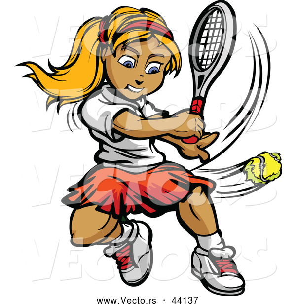Vector of a Competitive Cartoon Female Tennis Player Hitting a Ball