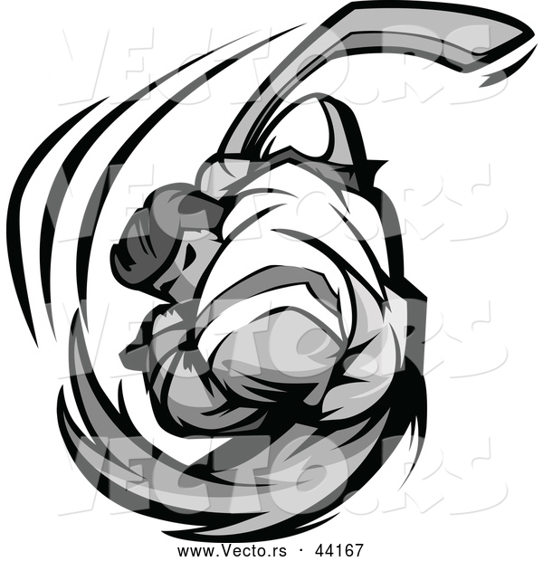Vector of a Competitive Cartoon Hockey Player Swinging - Grayscale Version
