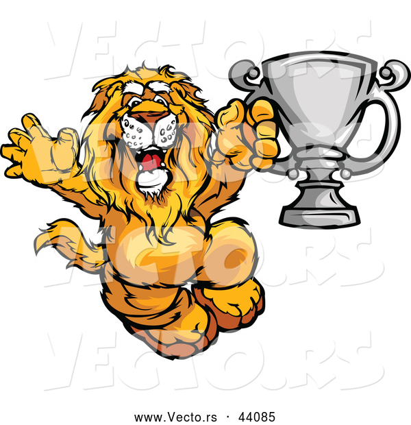 Vector of a Competitive Cartoon Lion Celebrating with a Silver Trophy