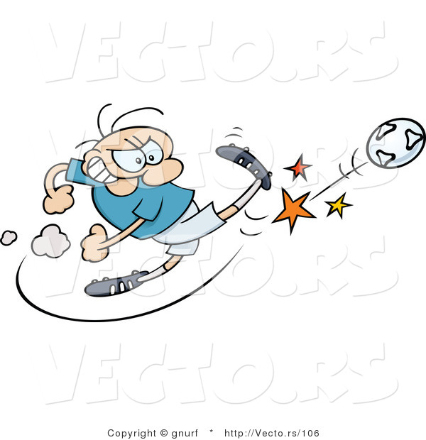 Vector of a Competitive Cartoon Man Kicking Soccer Ball As Hard As He Can