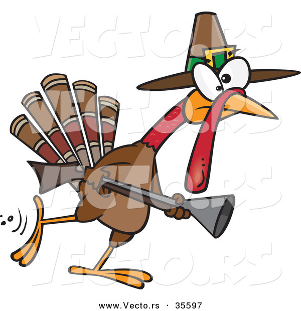 Vector of a Competitive Cartoon Pilgrim Turkey Hunting with a Rifle