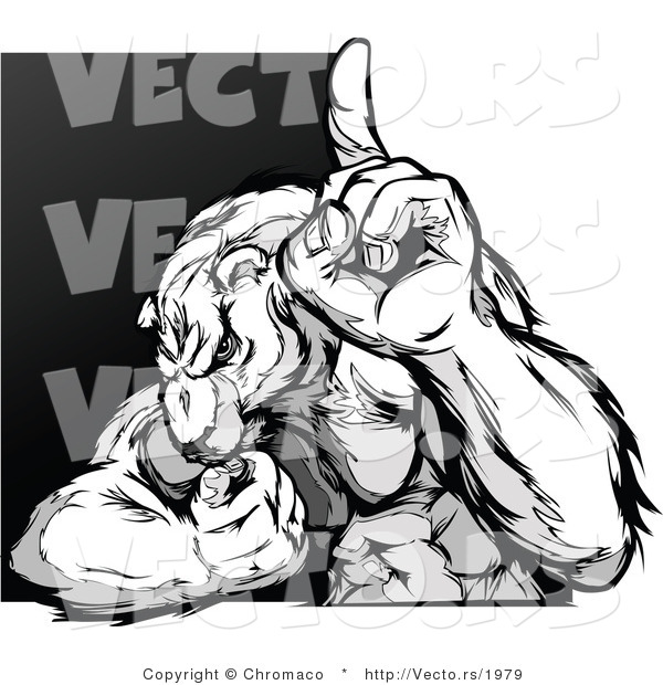 Vector of a Competitive Cartoon Polar Bear Mascot Pointing up - Grayscale Design