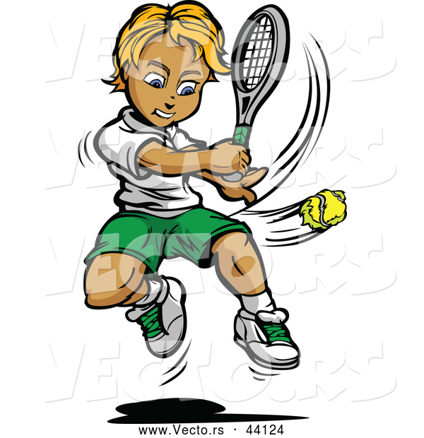 Vector of a Competitive Cartoon Tennis Player Swinging at a Ball