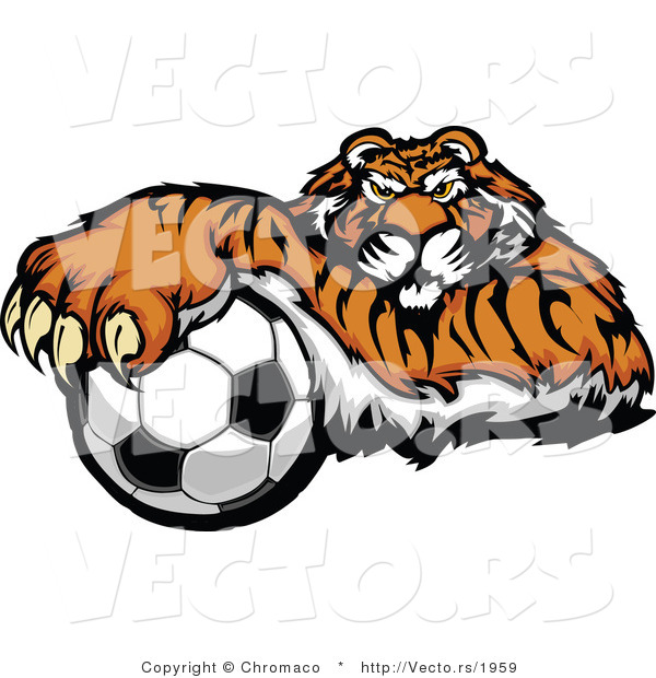 Vector of a Competitive Cartoon Tiger Mascot Gripping Soccer Ball with Paw