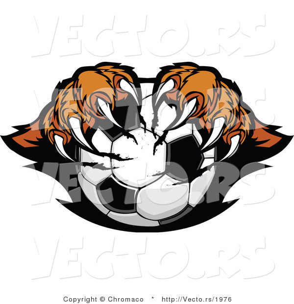 Vector of a Competitive Cartoon Tiger Mascot Gripping Soccer Ball with Paws and Sharp Claws