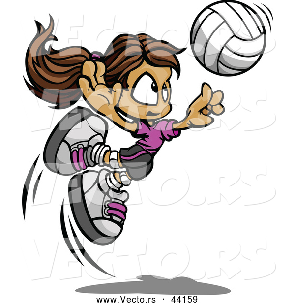 Vector of a Competitive Cartoon Volleyball Girl Leaping Towards and Preparing to Hit the Ball