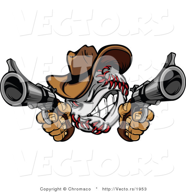 Vector of a Competitive Cowboy Baseball Shooting with Two Guns While GrinningCompetitive Cowboy Baseball Shooting with Two Guns While Grinning - Coloring Page Outline