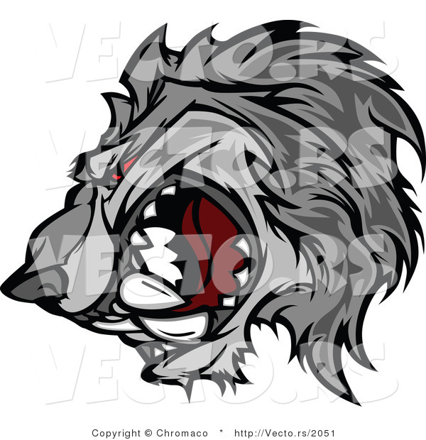 Vector of a Competitive Gray Wolf Mascot Growling with Intimidating Red Eyes