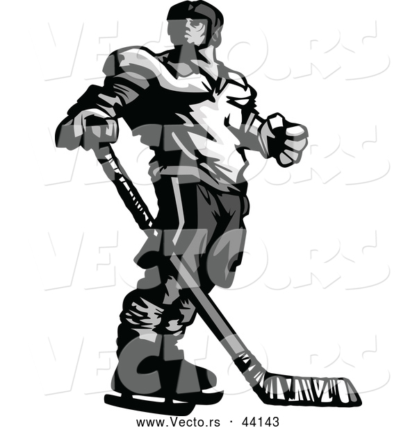 Vector of a Competitive Hockey Player Mascot Looking over His Shoulder - Grayscale Version