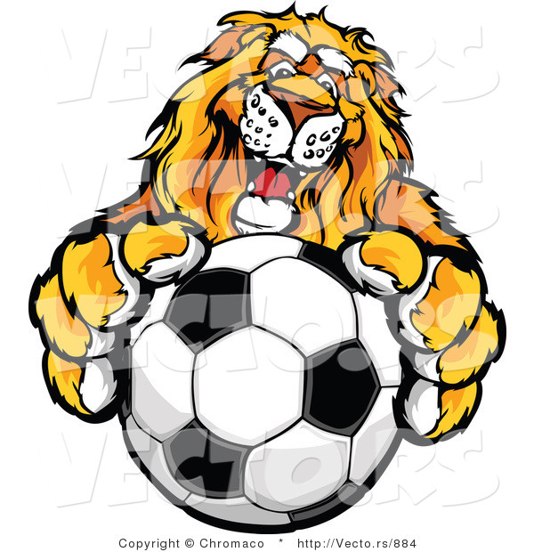 Vector of a Competitive Lion Mascot Gripping a Soccer Ball