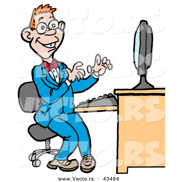 Vector of a Computer Geek Man in a Blue Suit, Working on a Computer