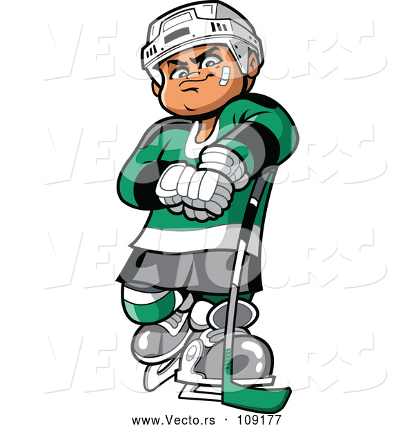 Vector of a Confident Cartoon White Hockey Player Man Posing with Stick