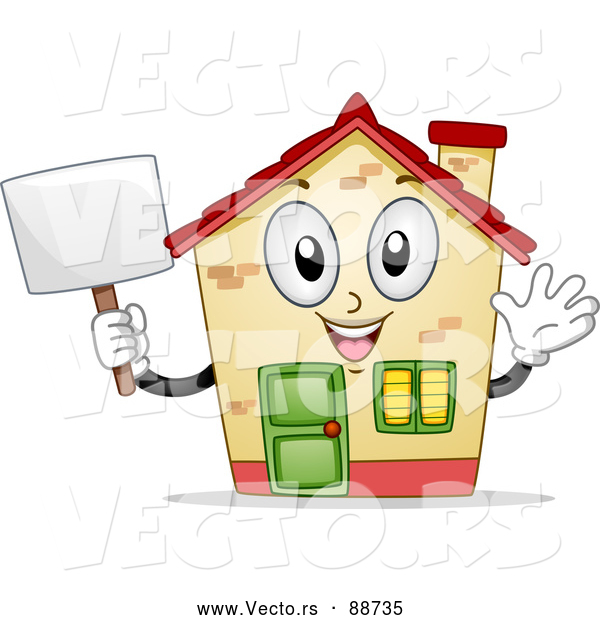 Vector of a Confident House Mascot Waving and Holding a Sign