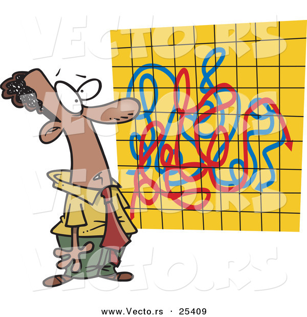 Vector of a Confused Cartoon African American Businessman Trying to Figure out a Graph Full of Turning Red and Blue Lines