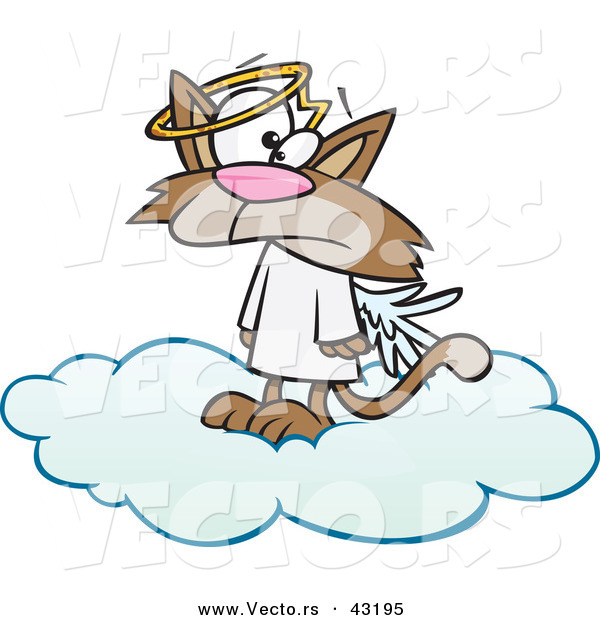 Vector of a Confused Cartoon Angel Cat Standing on a Heavenly Cloud