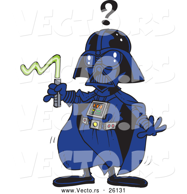 Vector of a Confused Cartoon Darth Vader Man with Weak Lightsaber