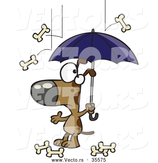 Vector of a Confused Cartoon Dog Under an Umbrella While Bones Rain down from the Sky
