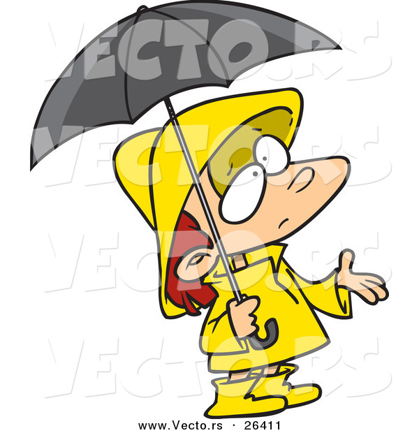 Vector of a Confused Cartoon Girl Wearing Rain Gear, Waiting for Stormy Weather