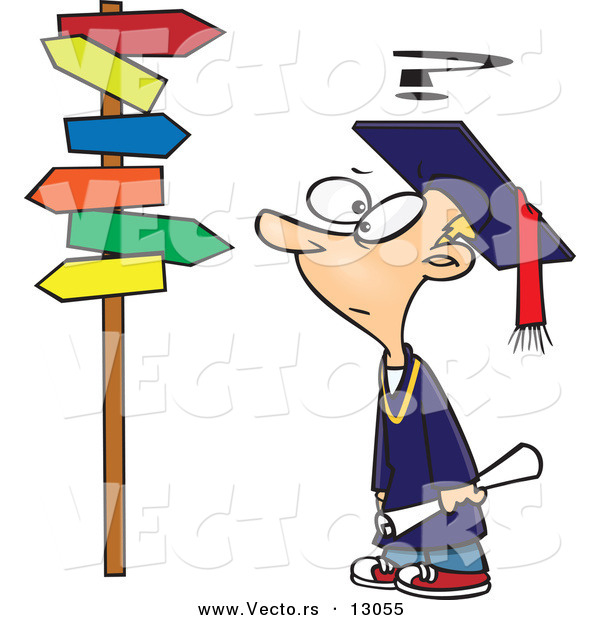 Vector of a Confused Cartoon Graduate Boy Looking at Directional Signs
