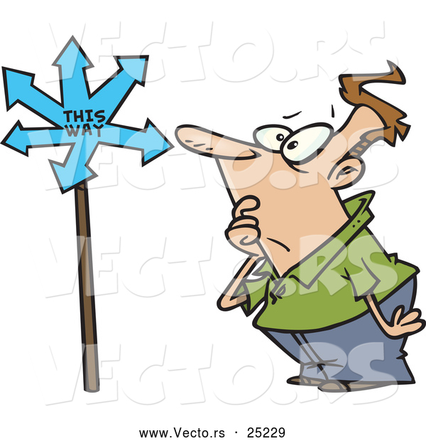 Vector of a Confused Cartoon Man Looking at a Sign Pointing in Multiple Directions