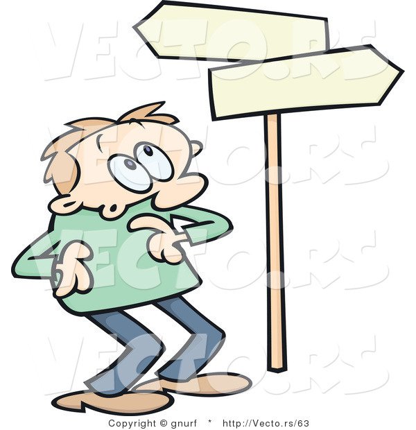 Vector of a Confused Cartoon Man Looking at Blank Street Signs Pointing in Opposite Directions