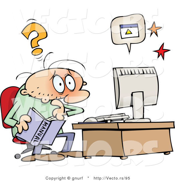 Vector of a Confused Cartoon Man Teaching Himself How to Use a Computer