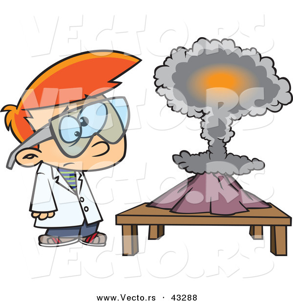 Vector of a Confused Cartoon Scientist Boy Watching His Project Explode into a Mushroom Cloud