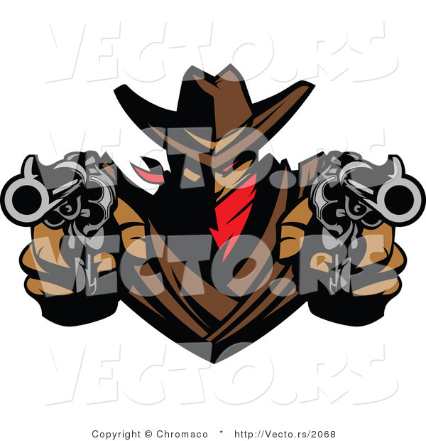 Vector of a Cowboy Outlaw Pointing Two Loaded Hand Guns