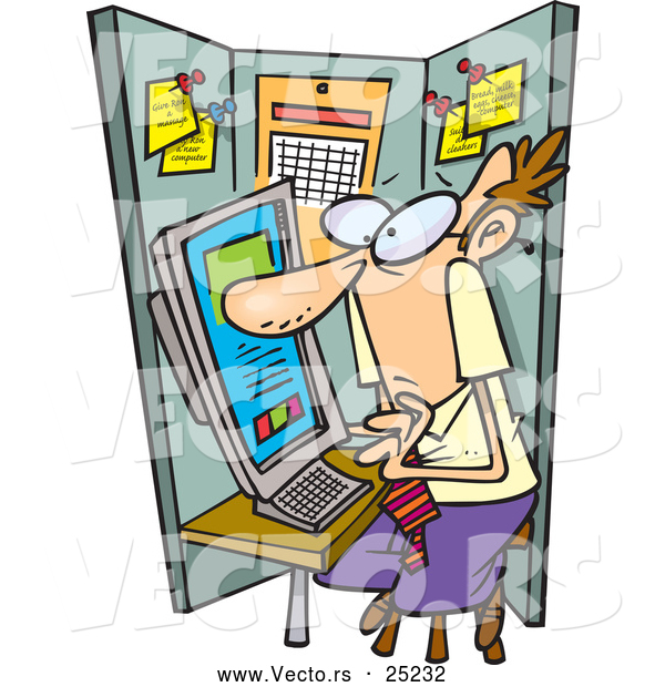 Vector of a Cramped Cartoon Man Working in a Tiny Office with a Computer