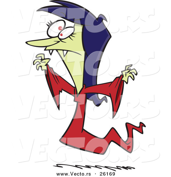 Vector of a Creepy Halloween Cartoon Vampiress Flying Forward with Arms and Fangs out