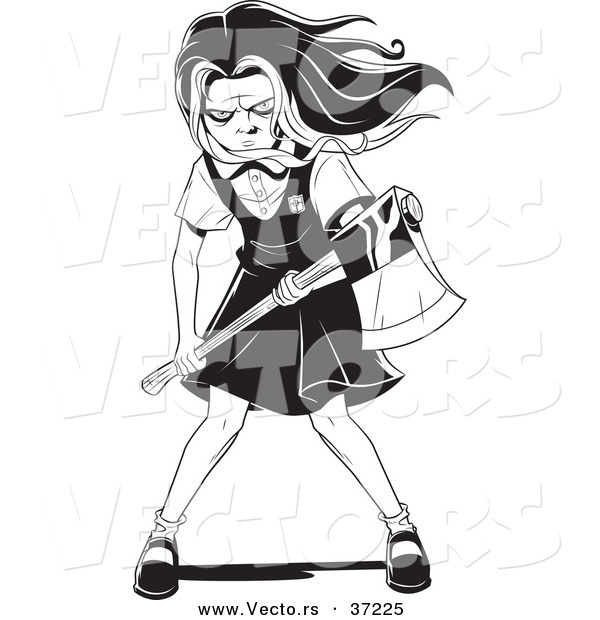 Vector of a Creepy School Girl Zombie with a Bat - Black and White Line Art