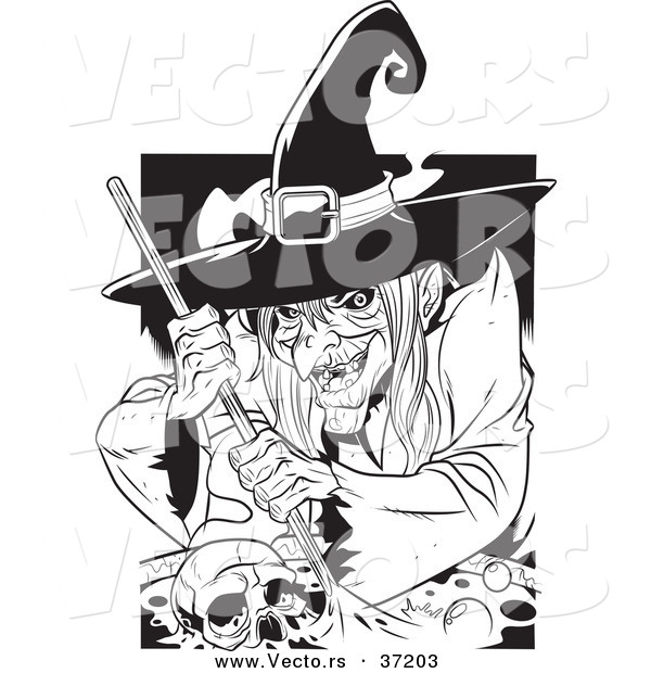 Vector of a Creepy Witch Grinning While Mixing a Human Skull and Potion in a Cauldron - Black and White Line Art