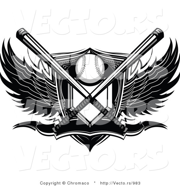 Vector of a Crossed Bats over Baseball Plate Shield Banner with Wings - Black and White
