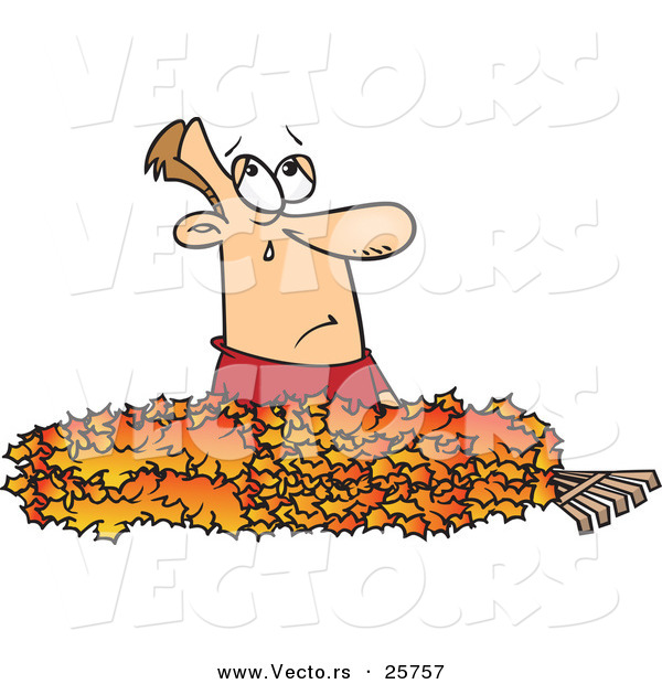 Vector of a Crying Cartoon Man in a Pile of Autumn Leaves